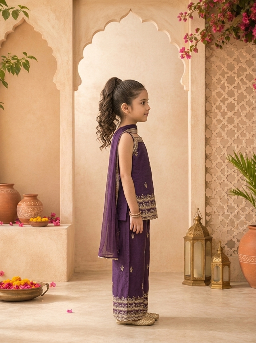 Purple Georgette Zari Embroidered Palazzo Set