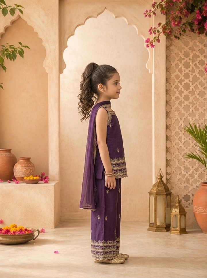 Purple Georgette Zari Embroidered Palazzo Set