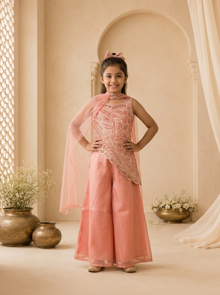 Peach Tissue Thread And Stone Embroidered Palazzo Set