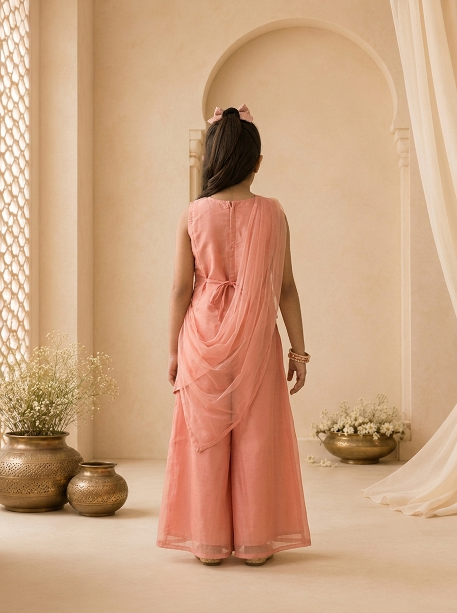 Peach Tissue Thread And Stone Embroidered Palazzo Set