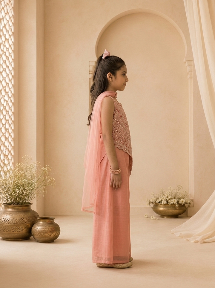 Peach Tissue Thread And Stone Embroidered Palazzo Set