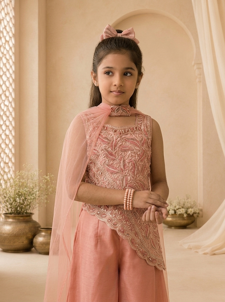 Peach Tissue Thread And Stone Embroidered Palazzo Set