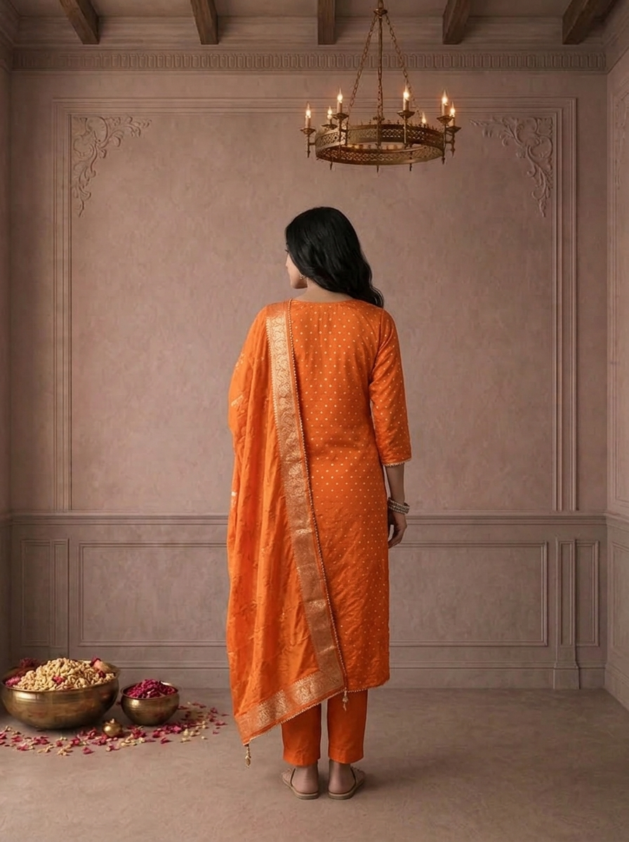 Orange Crepe Dot Printed Three Piece Set