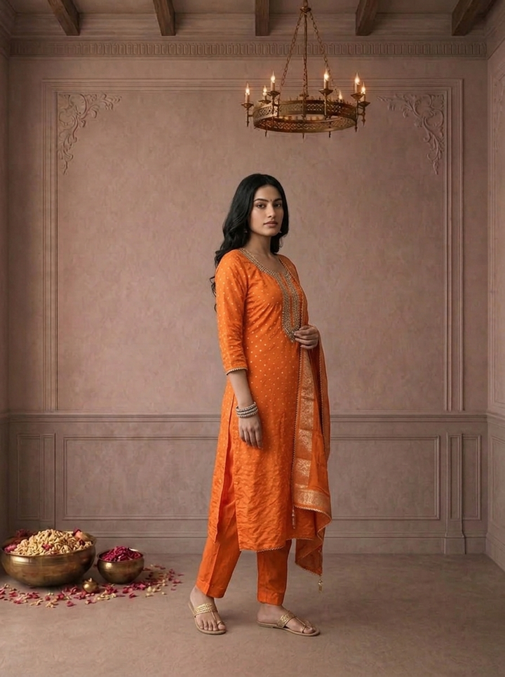 Orange Crepe Dot Printed Three Piece Set