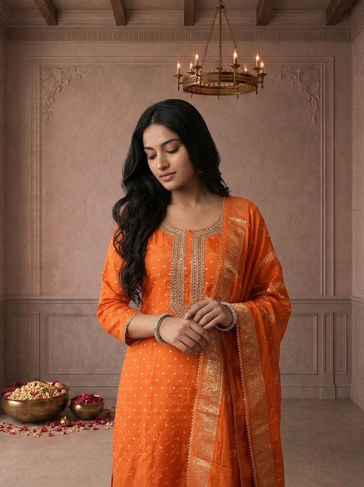 Orange Crepe Dot Printed Three Piece Set
