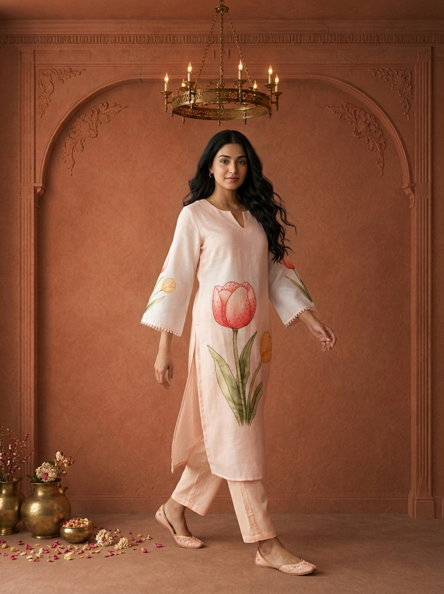 Cream Linen Tulip Floral Applique Printed Two Piece Set