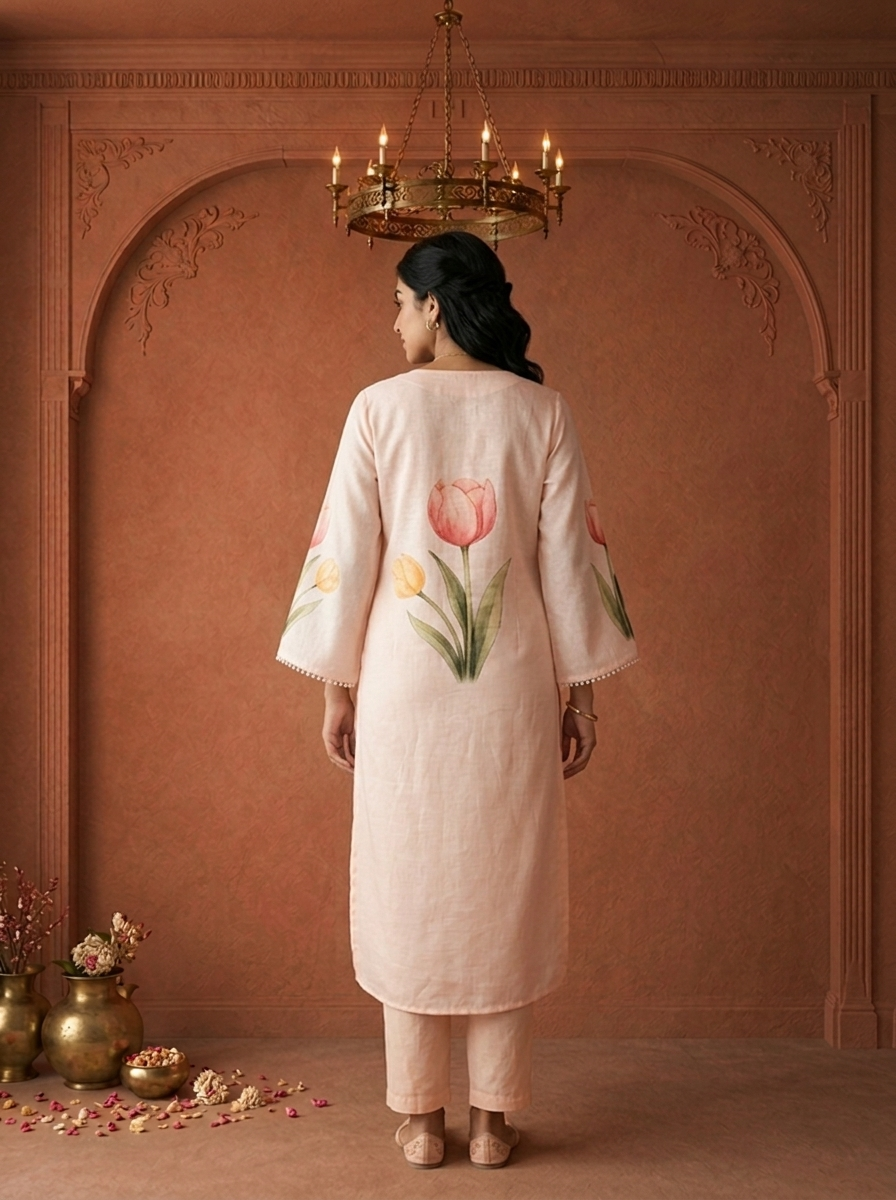Cream Linen Tulip Floral Applique Printed Two Piece Set