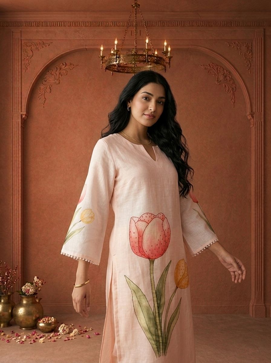 Cream Linen Tulip Floral Applique Printed Two Piece Set