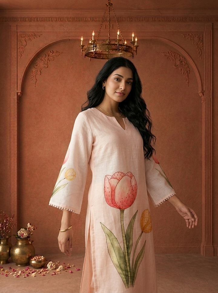 Cream Linen Tulip Floral Applique Printed Two Piece Set