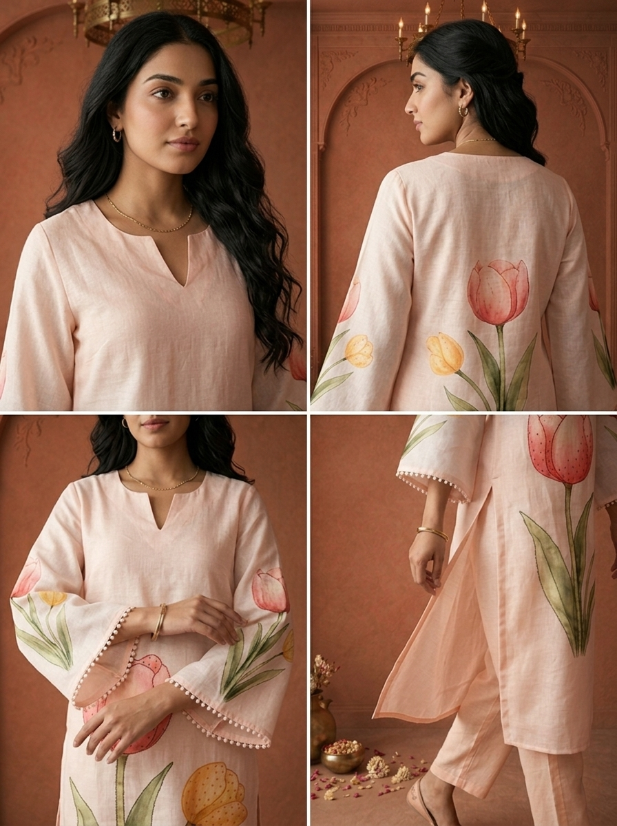 Cream Linen Tulip Floral Applique Printed Two Piece Set