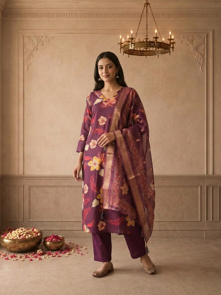 Wine Modal Tropical Floral Printed Three Piece Set