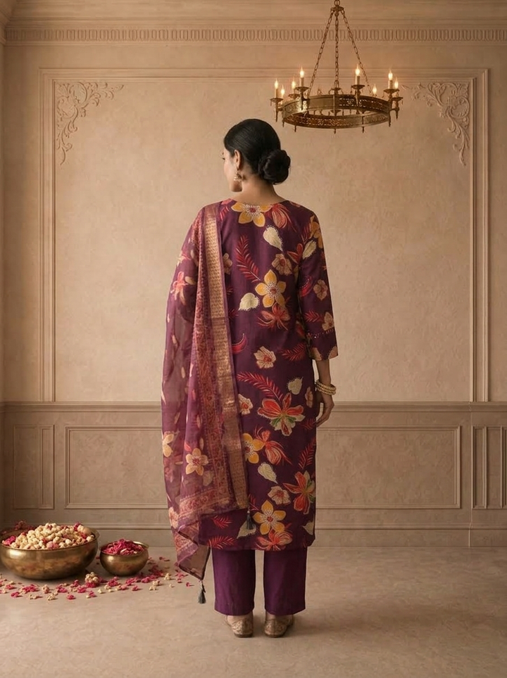 Wine Modal Tropical Floral Printed Three Piece Set