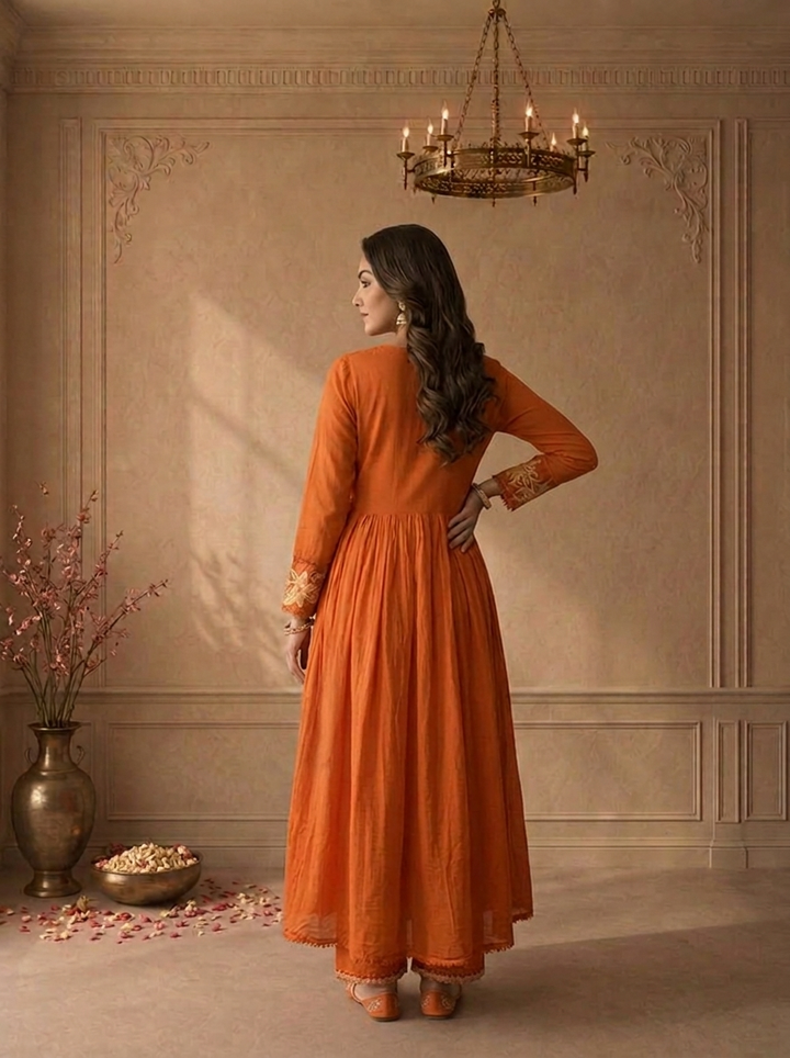 Burnt Orange Cotton Multicolor Floral Applique Thread Embroidered Three Piece Set
