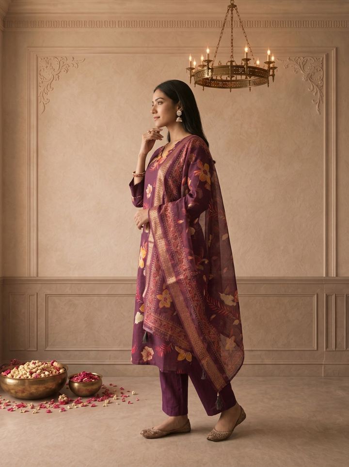 Wine Modal Tropical Floral Printed Three Piece Set