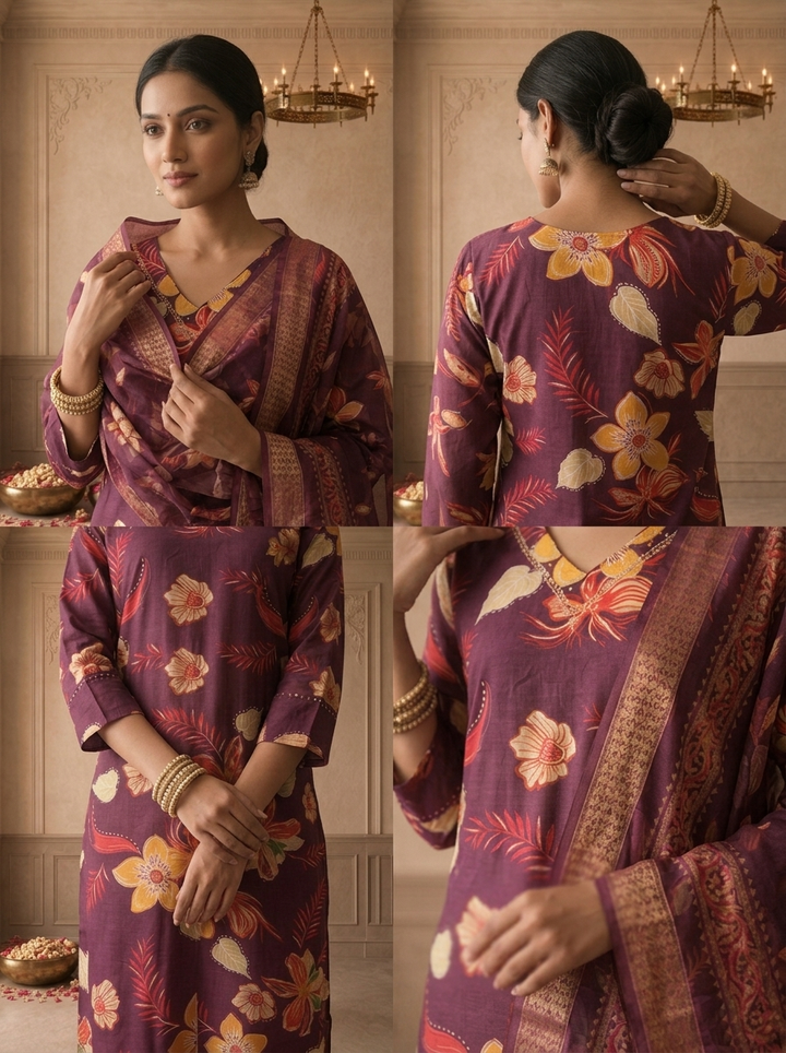 Wine Modal Tropical Floral Printed Three Piece Set