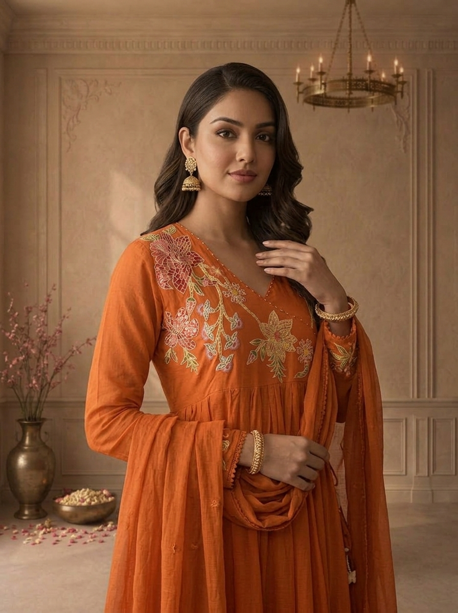 Burnt Orange Cotton Multicolor Floral Applique Thread Embroidered Three Piece Set