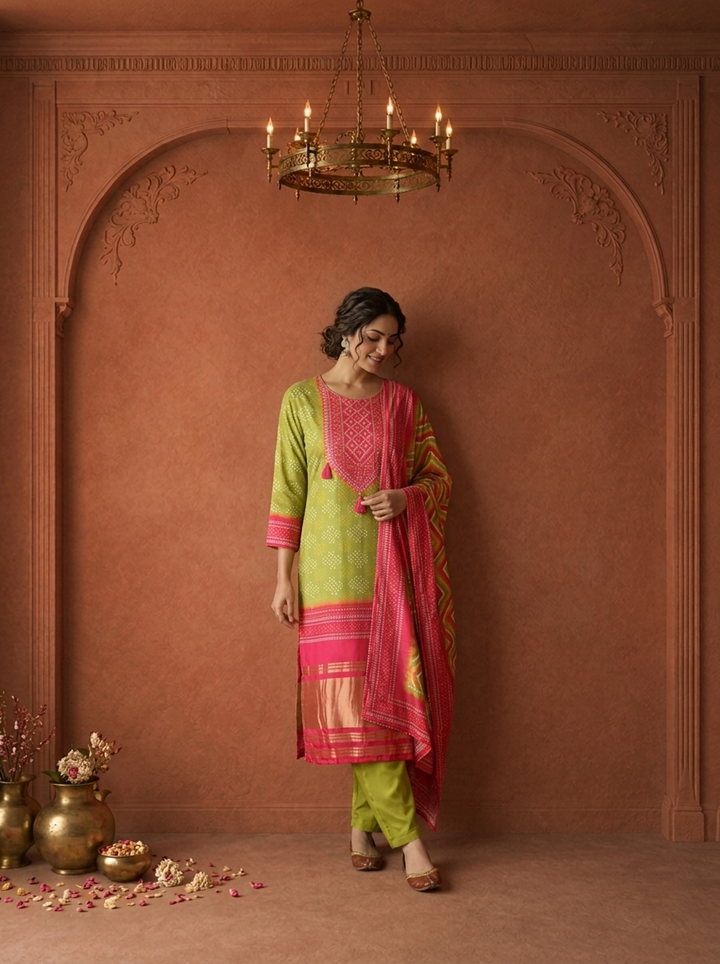 Mehadi Green Silk Bandhani Dot Printed Three Piece Set