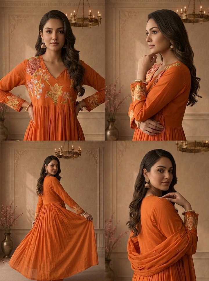 Burnt Orange Cotton Multicolor Floral Applique Thread Embroidered Three Piece Set