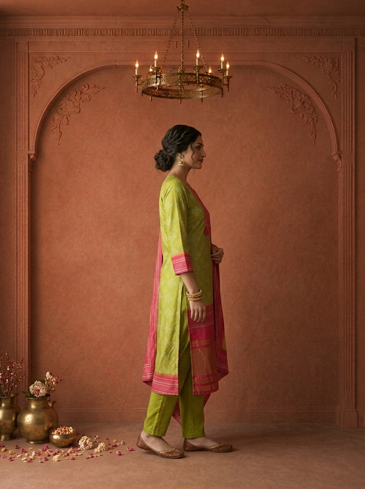 Mehadi Green Silk Bandhani Dot Printed Three Piece Set