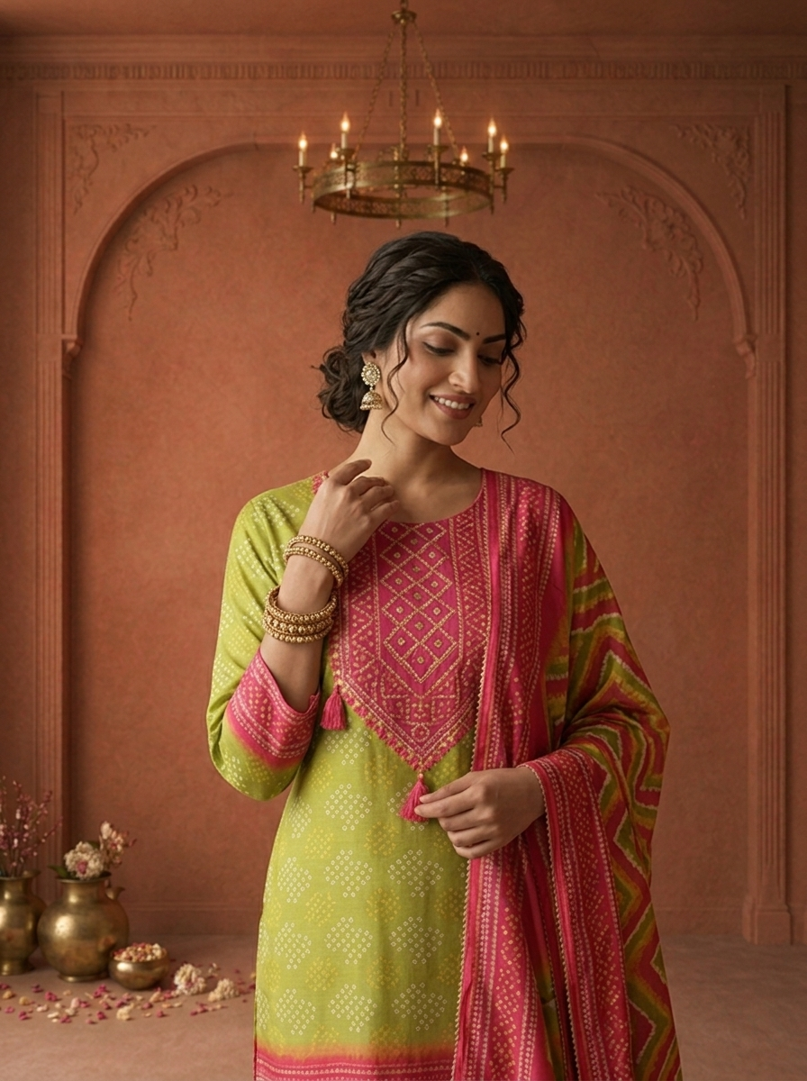 Mehadi Green Silk Bandhani Dot Printed Three Piece Set