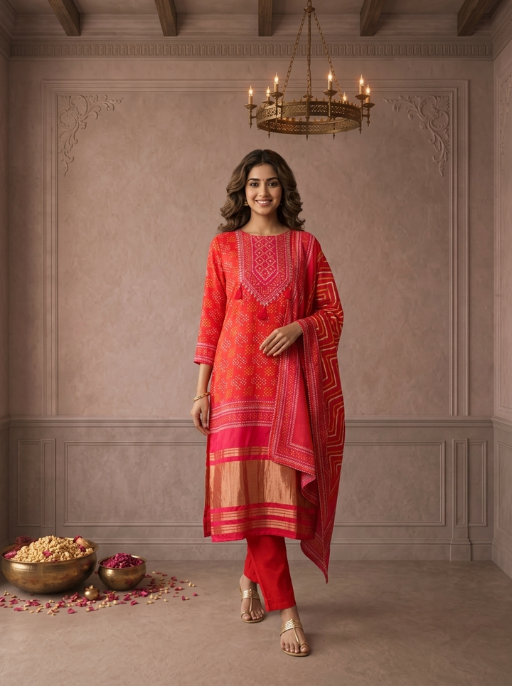 Red Silk Bandhani Dot Printed Three Piece Set