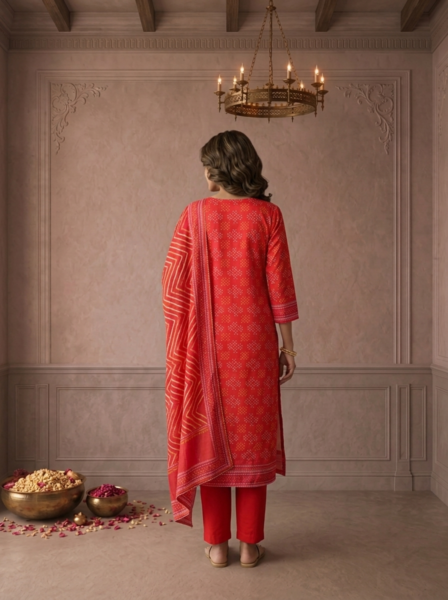 Red Silk Bandhani Dot Printed Three Piece Set