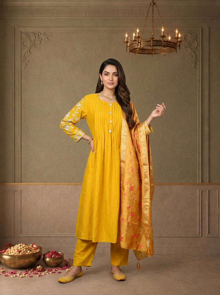 Mustard Silk Solid With Zari Embroidered Three Piece Set