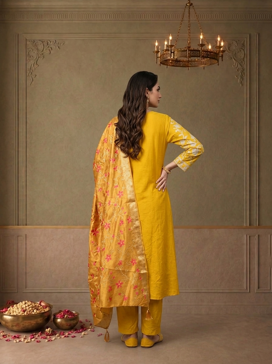 Mustard Silk Solid With Zari Embroidered Three Piece Set