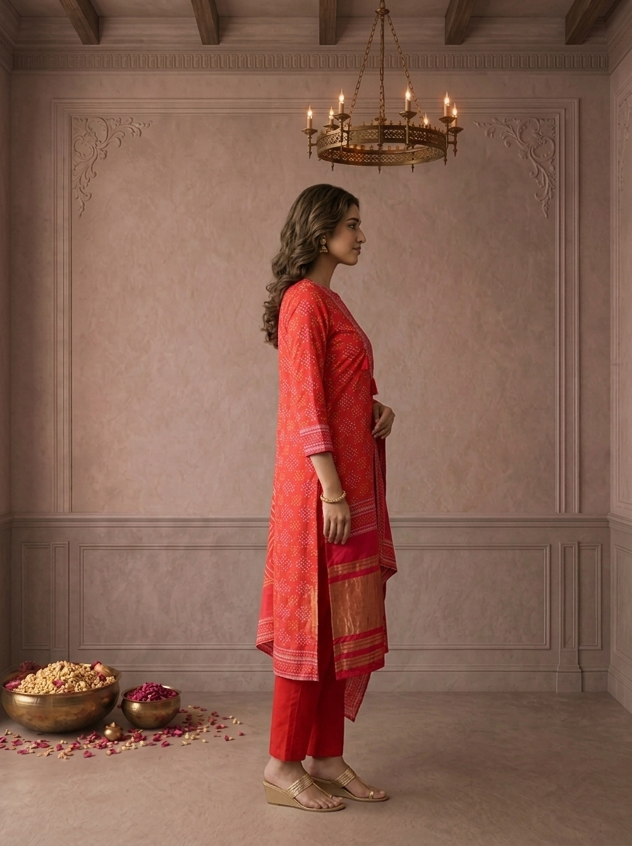 Red Silk Bandhani Dot Printed Three Piece Set