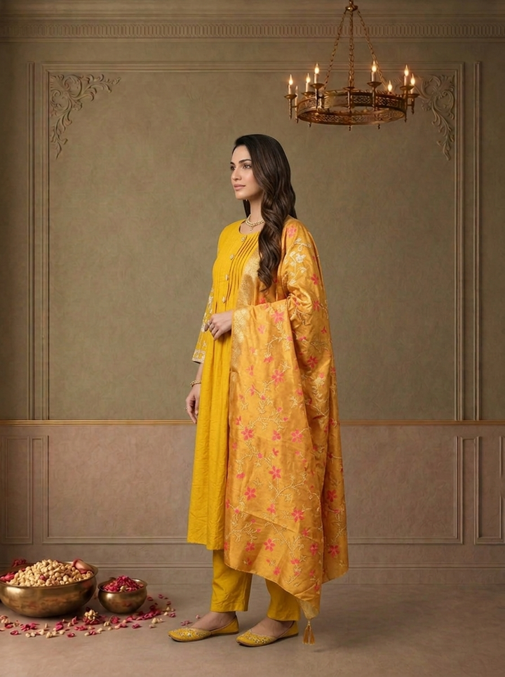 Mustard Silk Solid With Zari Embroidered Three Piece Set