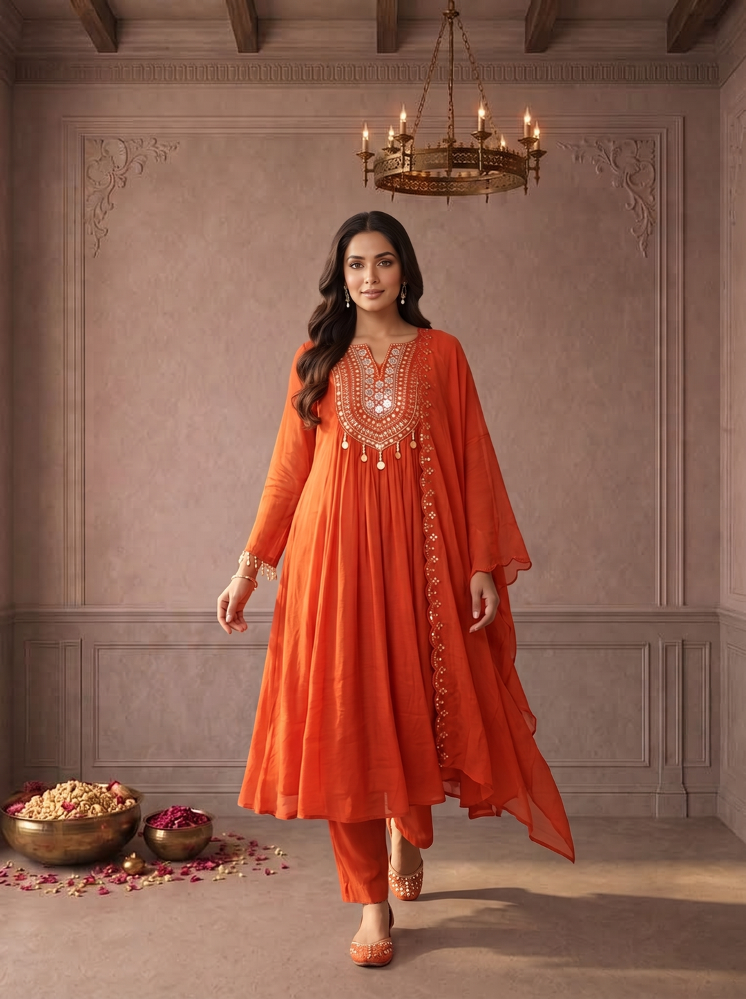 Burnt Orange Muslin Thread And Stone Embroidered Three Piece Set