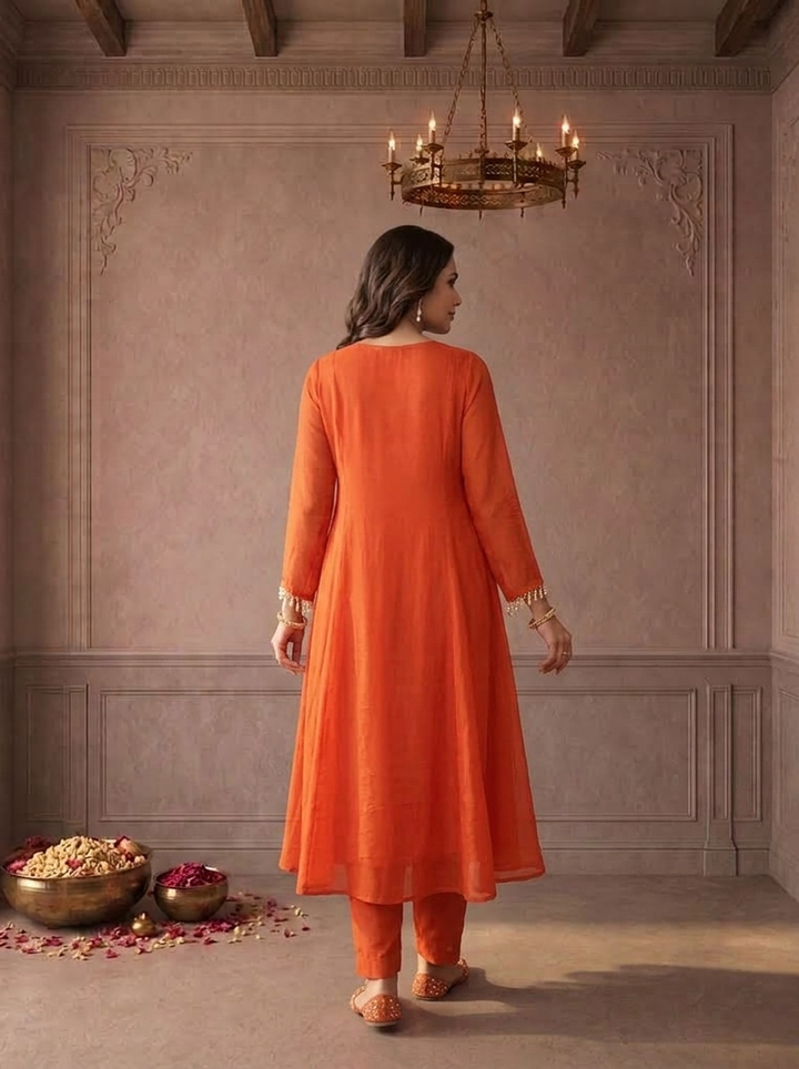 Burnt Orange Muslin Thread And Stone Embroidered Three Piece Set