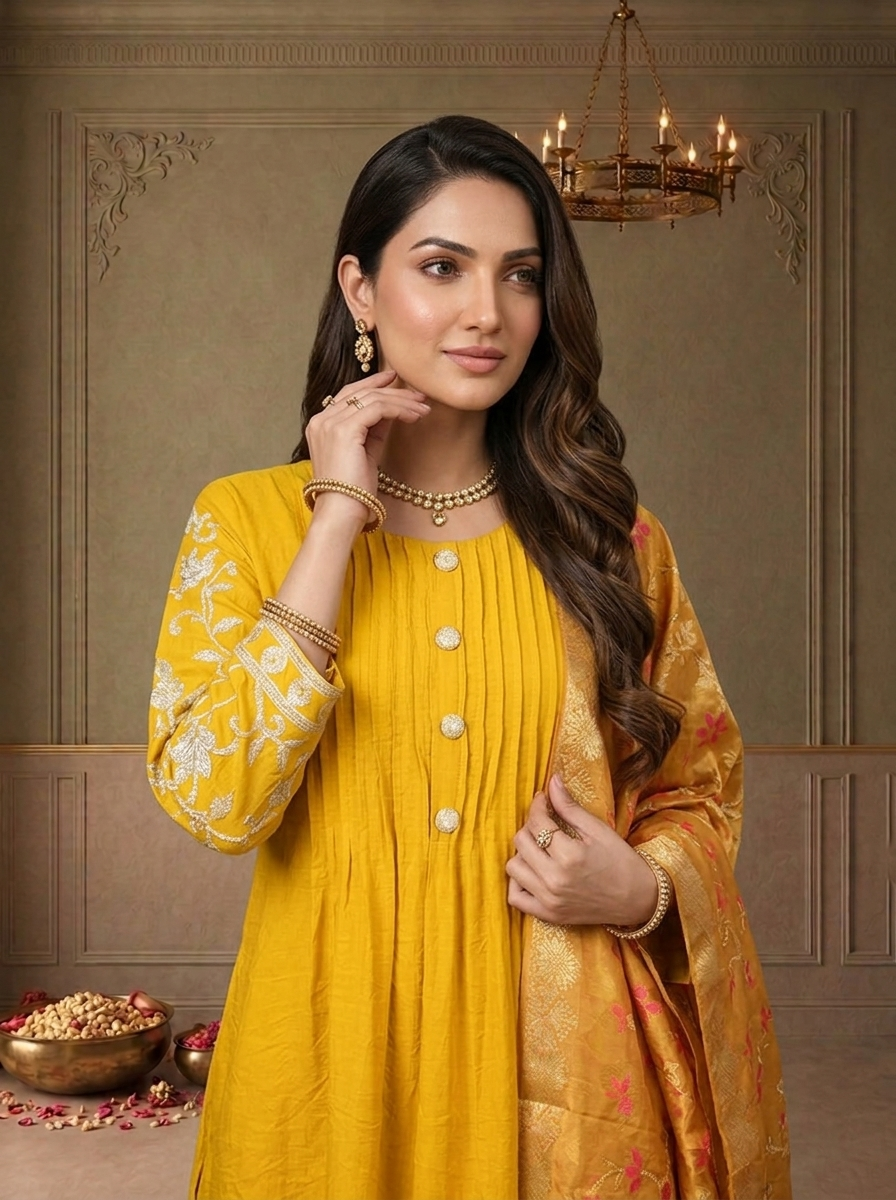 Mustard Silk Solid With Zari Embroidered Three Piece Set