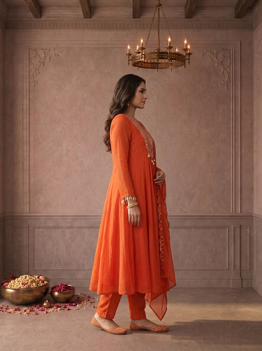 Burnt Orange Muslin Thread And Stone Embroidered Three Piece Set