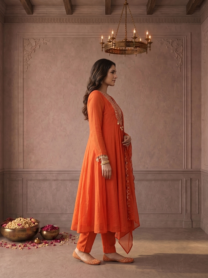 Burnt Orange Muslin Thread And Stone Embroidered Three Piece Set