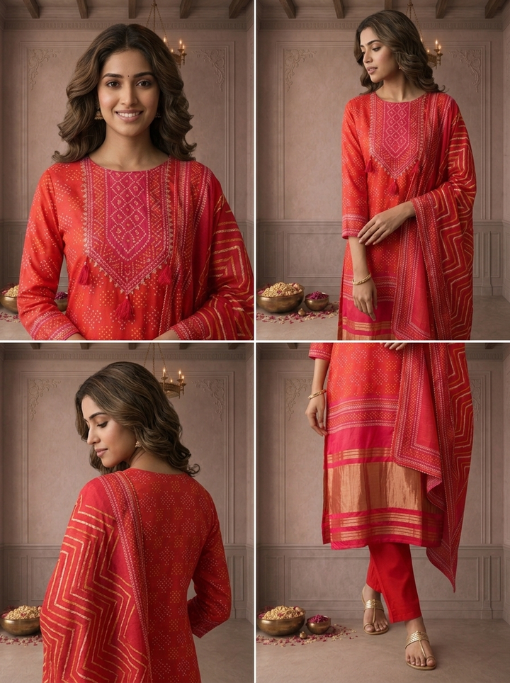 Red Silk Bandhani Dot Printed Three Piece Set
