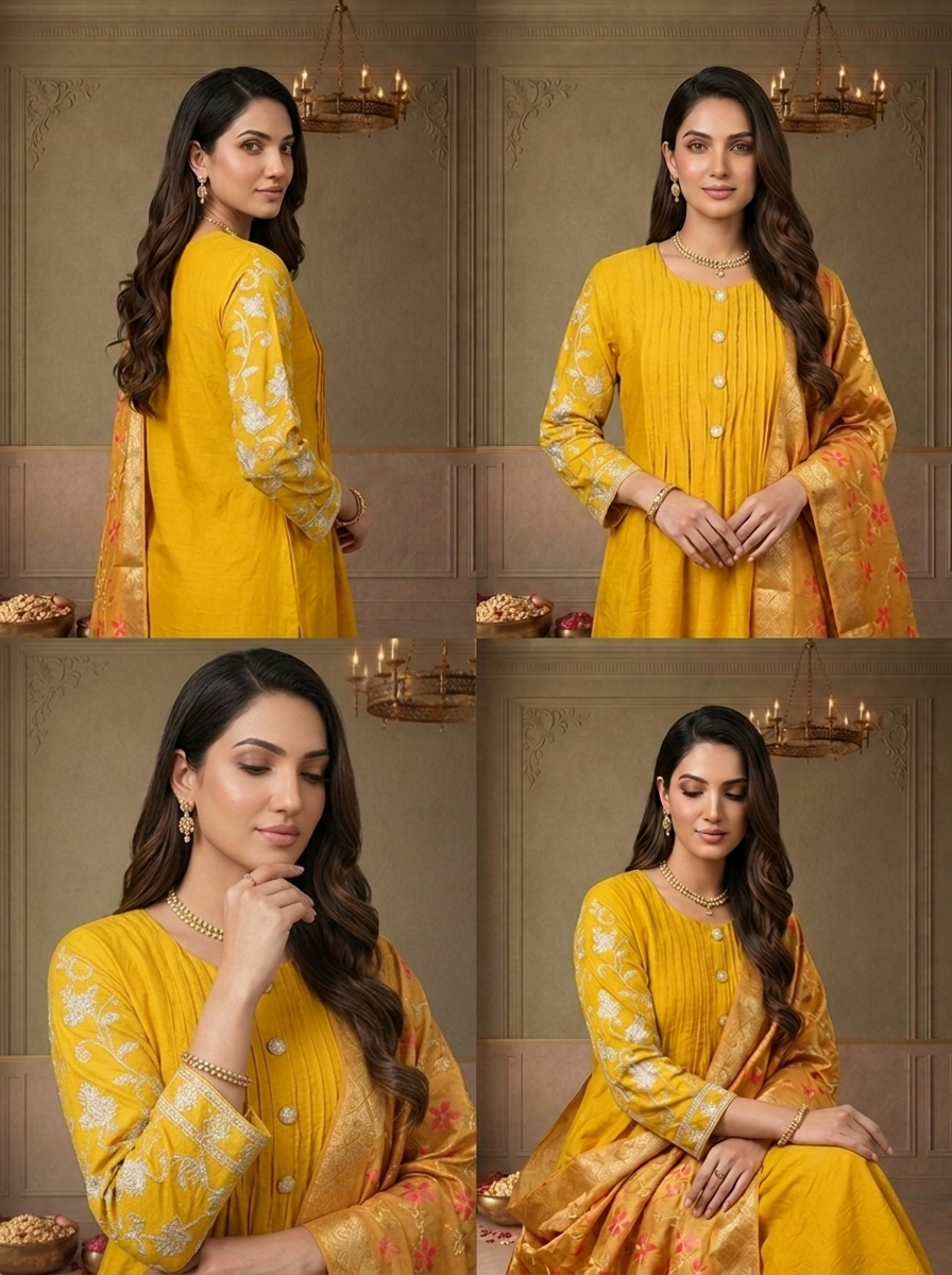 Mustard Silk Solid With Zari Embroidered Three Piece Set
