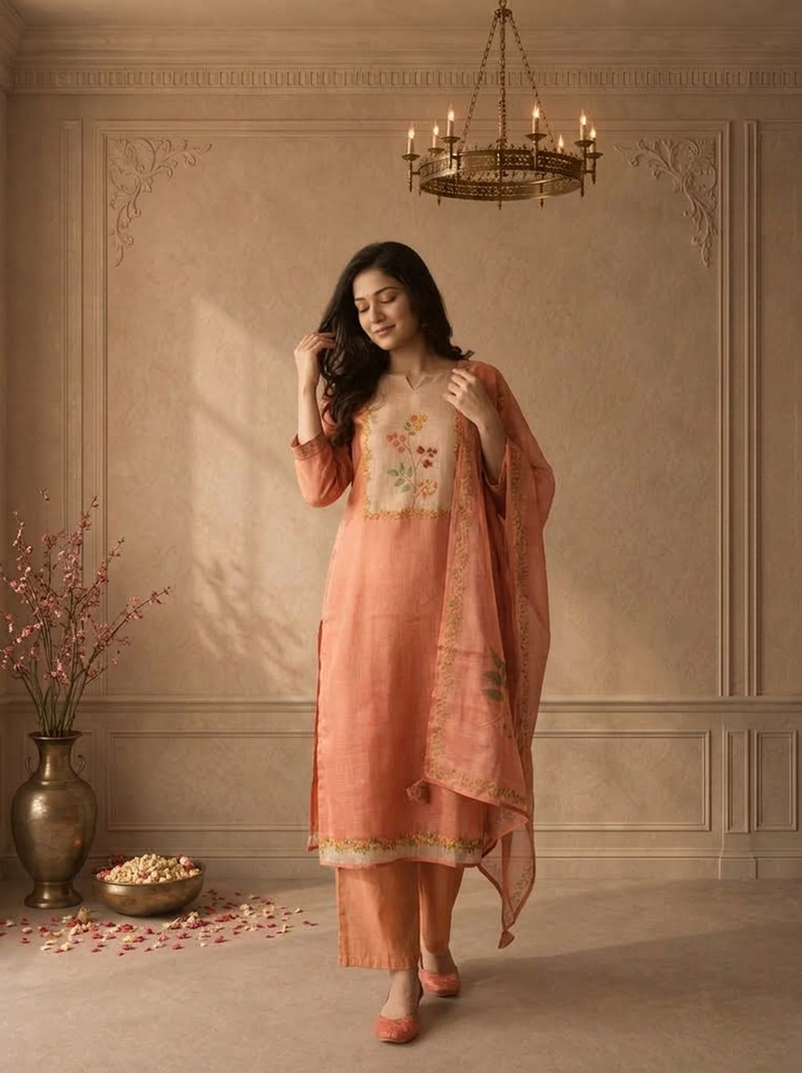 Peach Organza Floral Embroidered Three Piece Set