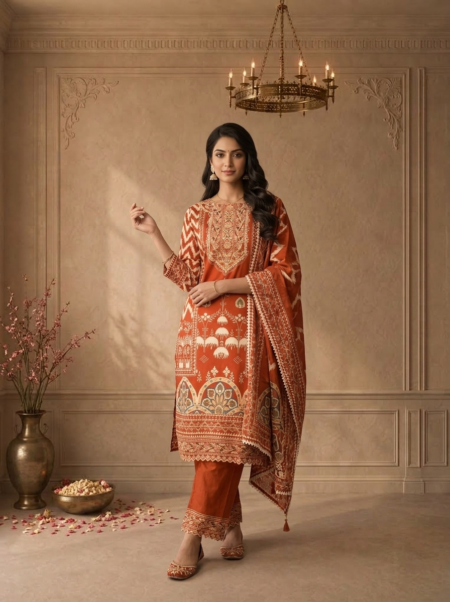 Burnt Orange Cotton Damask Floral Printed Three Piece Set