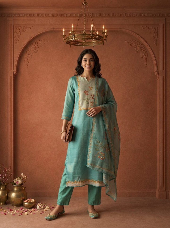 Sea Green Organza Floral Embroidered Three Piece Set