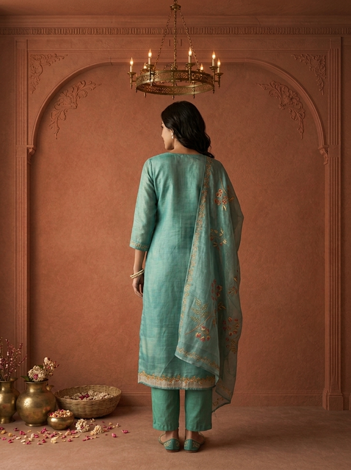 Sea Green Organza Floral Embroidered Three Piece Set
