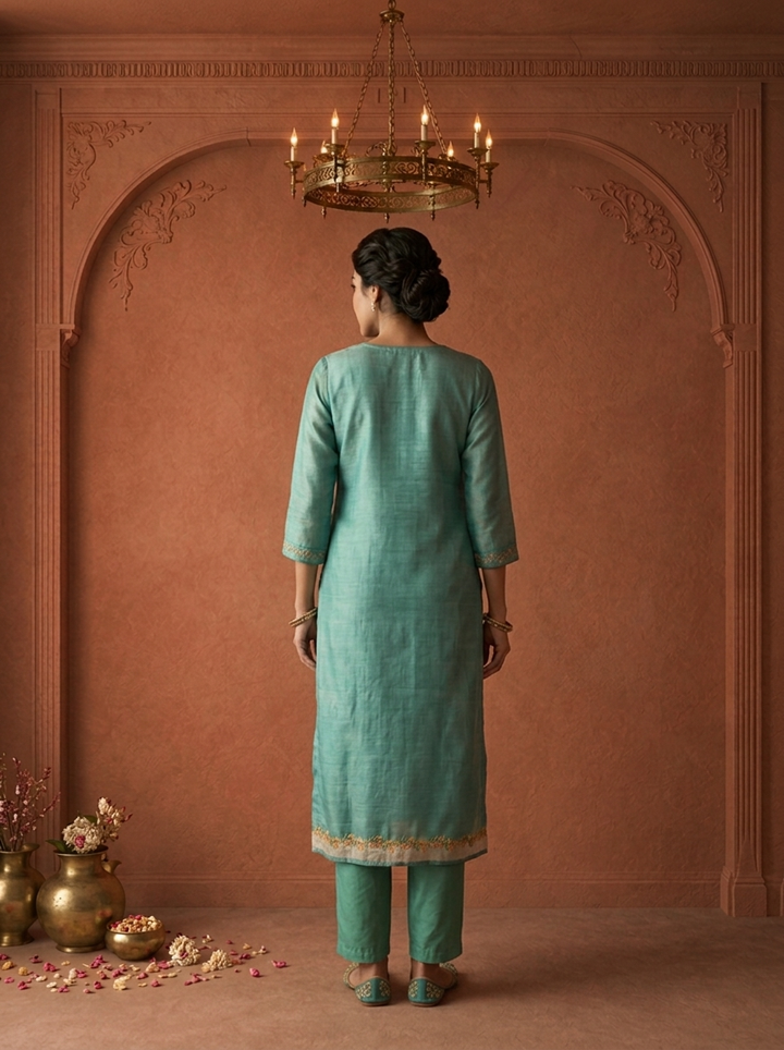Sea Green Organza Floral Embroidered Three Piece Set