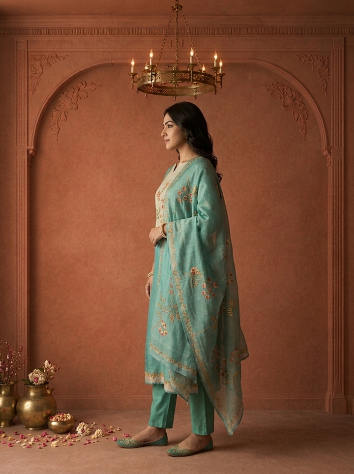 Sea Green Organza Floral Embroidered Three Piece Set