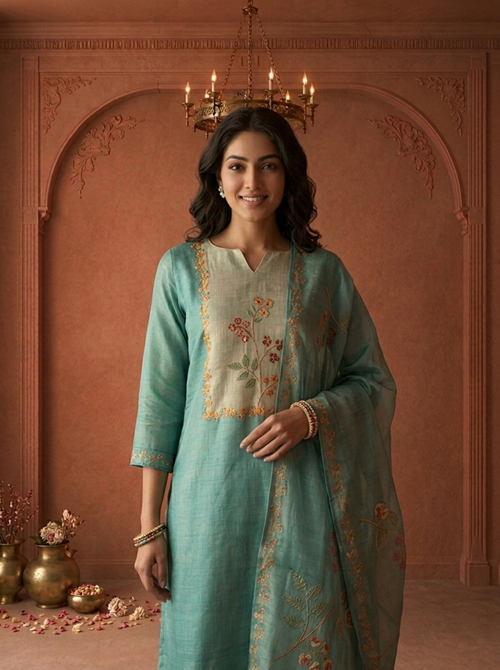 Sea Green Organza Floral Embroidered Three Piece Set