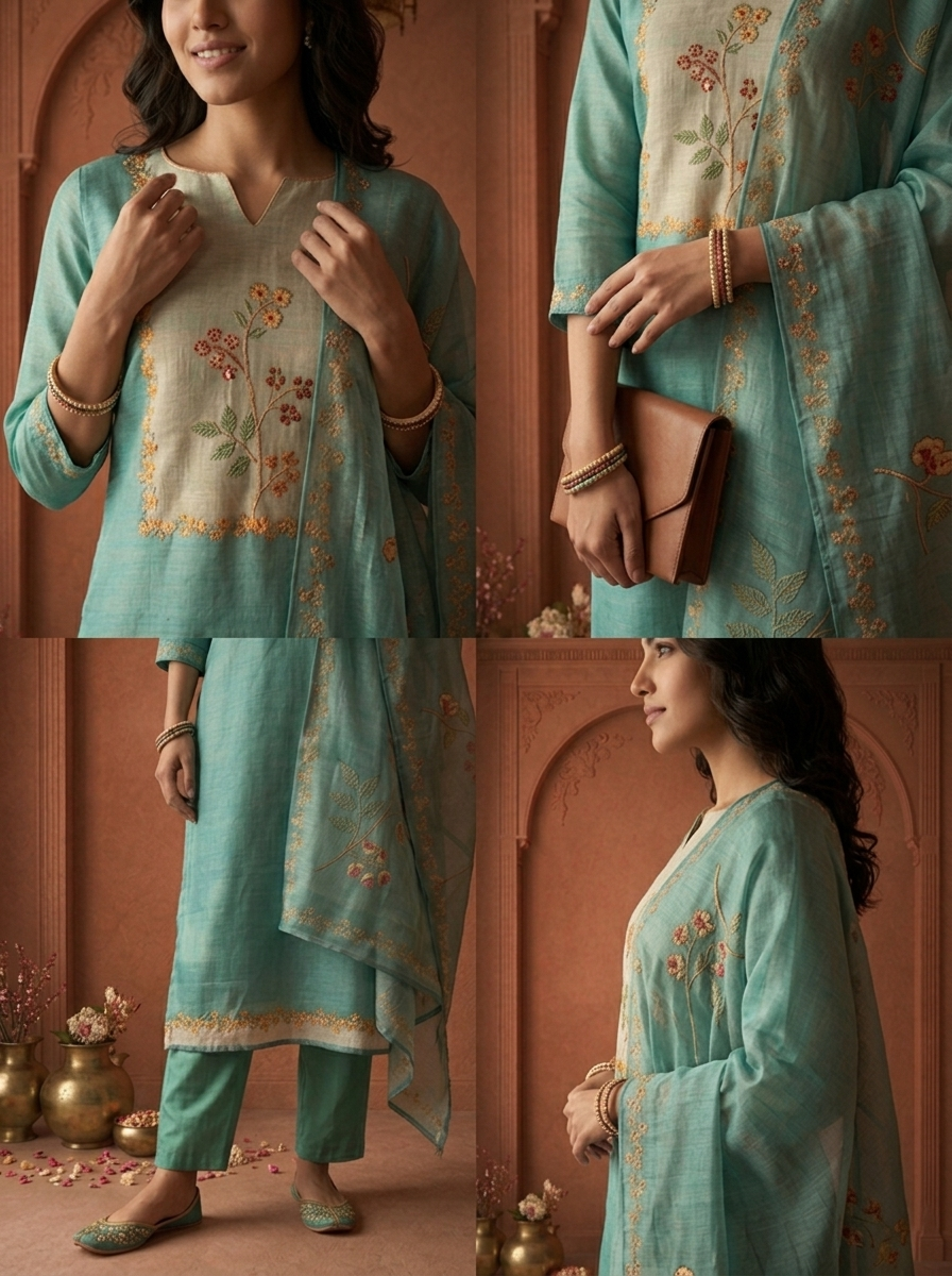 Sea Green Organza Floral Embroidered Three Piece Set
