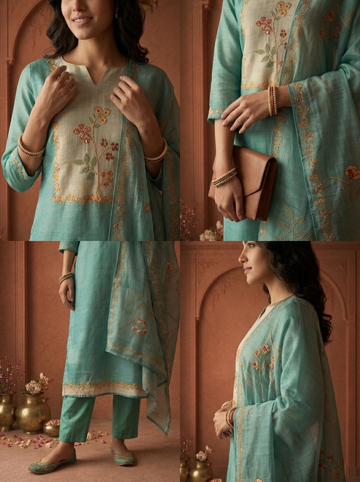 Sea Green Organza Floral Embroidered Three Piece Set