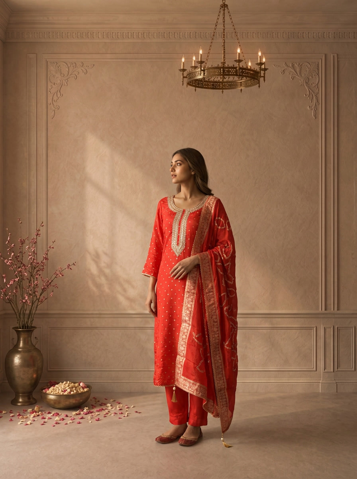 Red Crepe Gold Butti Printed Three Piece Set