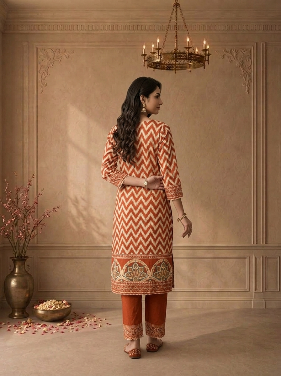 Burnt Orange Cotton Damask Floral Printed Three Piece Set