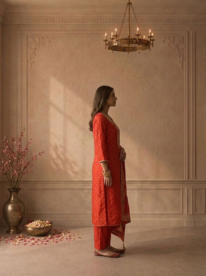 Red Crepe Gold Butti Printed Three Piece Set