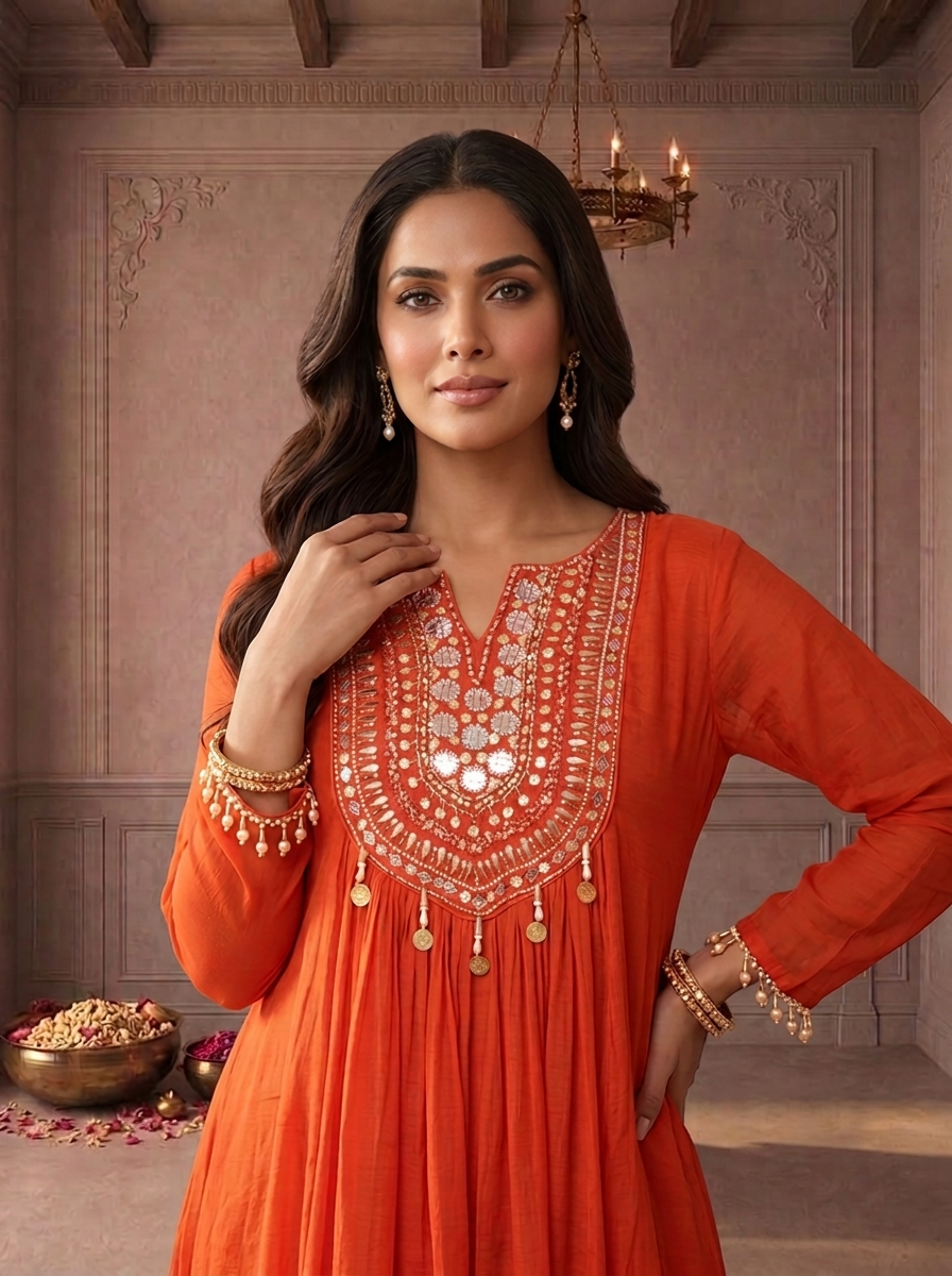 Burnt Orange Muslin Thread And Stone Embroidered Three Piece Set